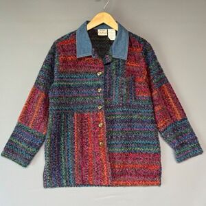 Vtg Koret City Blues Textured Knit Button Front Cardigan Jacket Denim Collar M
